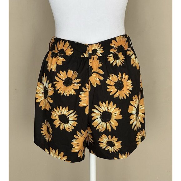 Shein Sunflower Shorts Black Gold Daisy Elastic Waist Belted Tie Front JR SZ XS - Picture 3 of 8
